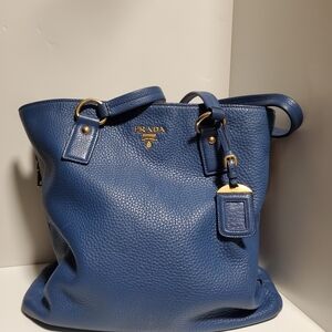 Prada Navy Pebbled Leather Tote with Gold Hardware